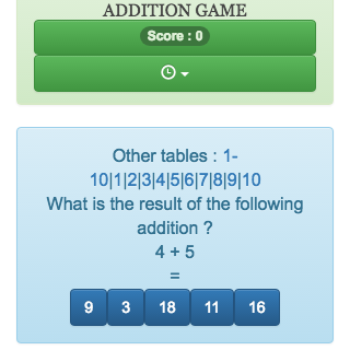 Addition tables game to learn, revise, memorize addition tables from 1 to 20 online.