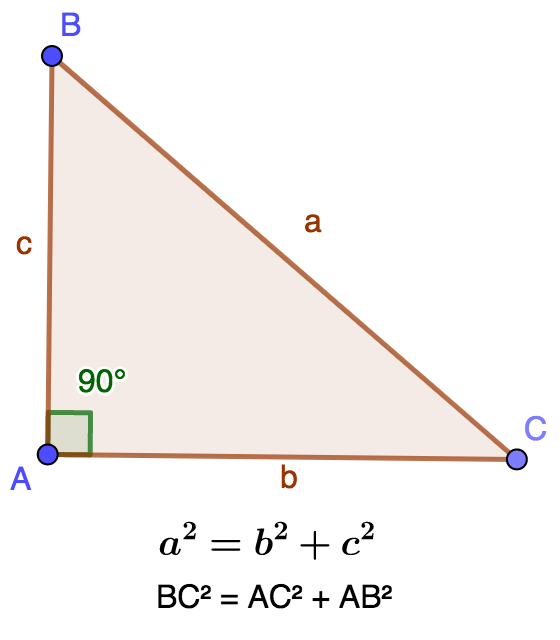 Triángulo rectángulo en A, teorema de Pitágoras, cálculo de la hipotenusa