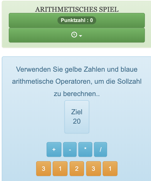 Dieses Kalkulationsspiel für Kinder ab 7 Jahren ermöglicht es ihnen, die schnelle Berechnung effektiv zu üben. Um zu gewinnen, müssen Kinder eine ganze Zahl mit anderen ganzen Zahlen und arithmetischen Operationen (+,-,*,/) rekonstruieren.