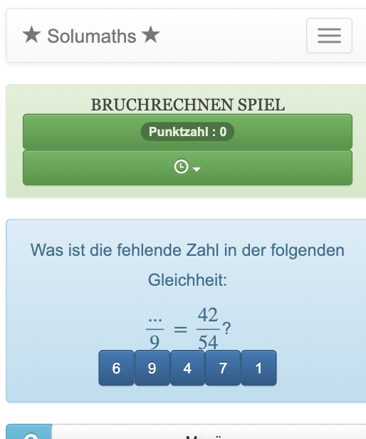 Mit diesem Spiel über Brüche können Kinder den Umgang mit Brüchen und Kreuzprodukten üben. Dieses Spiel fördert die Praxis der Kopfberechnung, da es einfache Brüche verwendet.