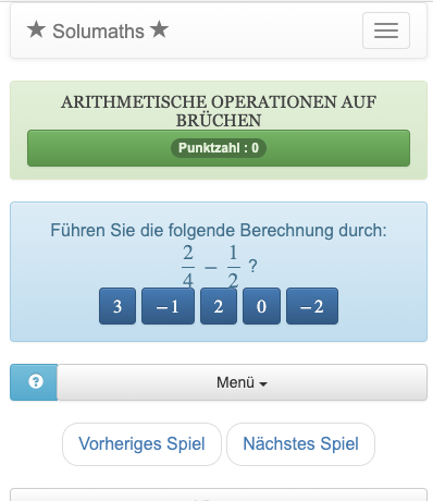 Dieses Mathe-Spiel basiert auf der Berechnung von ganzen Brüchen. Um dieses Quiz zu gewinnen, müssen Sie nur das Ergebnis einer Operation zwischen zwei Brüchen finden.