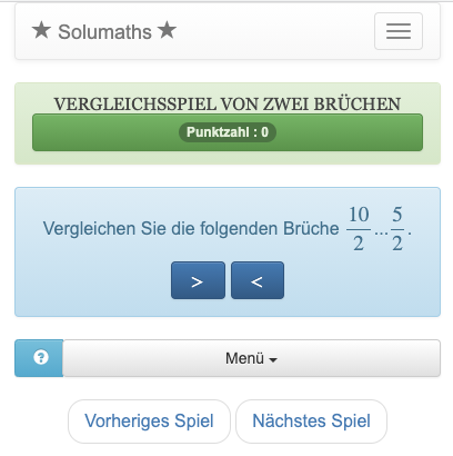 Der Zweck dieses Spiels zum Vergleich ganzer Brüche ist es, den Operator (> oder <) zu finden, der zwischen die zu vergleichenden Brüche gesetzt wird.