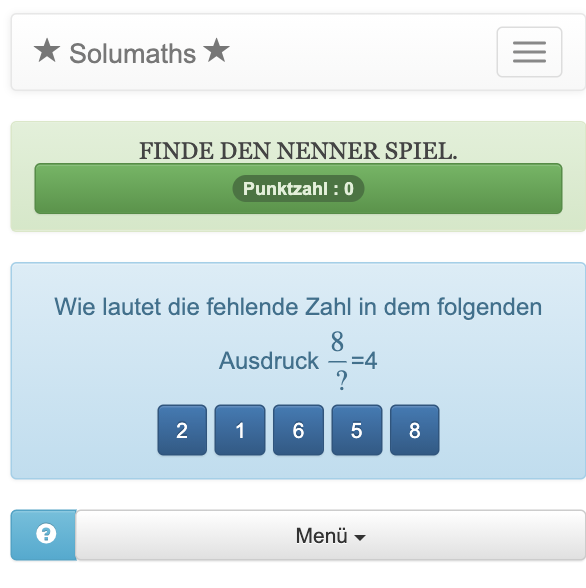 Bei diesem Bruchspiel müssen die Kinder eine Gleichheit mit einem Bruch vervollständigen, indem sie den fehlenden Nenner in einer Liste finden.