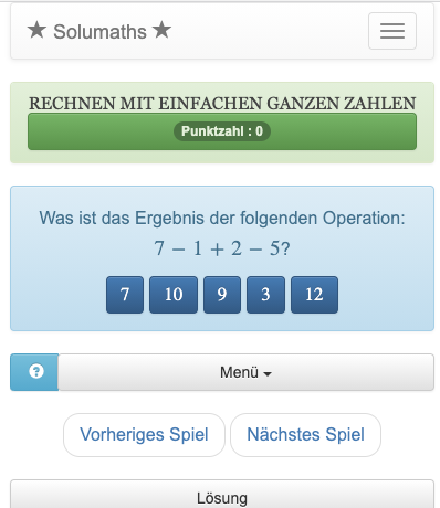 Bei diesem Rechenspiel mit ganzen Zahlen müssen die Kinder die richtige Antwort in einer Liste von Werten finden.