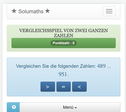 Ziel dieses Spiels zum Vergleich Zahlen ist es, den Operator (kleiner als, größer als oder gleich) zu finden, der zwischen den zu vergleichenden Zahlen steht.