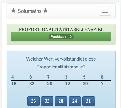 Das Ziel dieses Proportionalitätsspiels ist es, den Wert zu finden, der eine Proportionalitätstabelle vervollständigt.