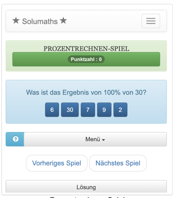 Um bei diesem Spiel zur Berechnung des Prozentsatzes einer ganzen Zahl erfolgreich zu sein, müssen die Kinder die richtige Antwort aus einer Liste von Vorschlägen auswählen.