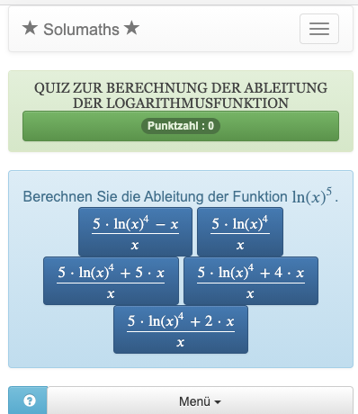 Mit diesem Quiz zur Logarithmusfunktion können Sie die Techniken der Berechnung von Ableitungen üben.