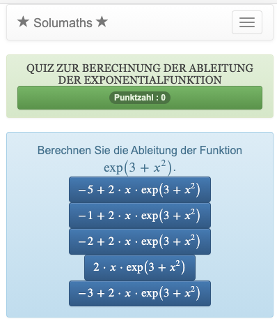 Mit diesem Quiz zur Exponentialfunktion können Sie die Techniken der Berechnung von Ableitungen üben.