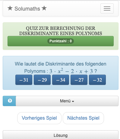 Mit diesem Quiz zur Berechnung der Diskriminante eines Polynoms können Sie sich auf die Lösung von Gleichungen zweiten Grades vorbereiten.