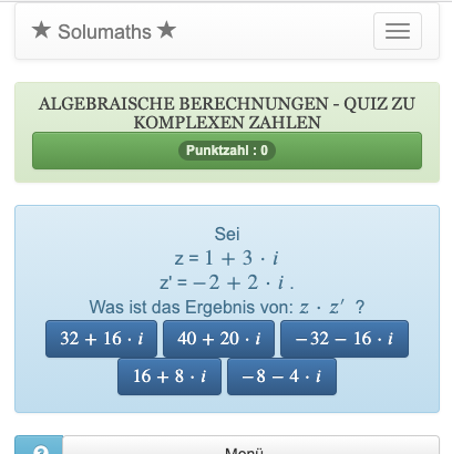 Dieses Quiz wendet algebraische Rechenverfahren auf komplexe Zahlen an.