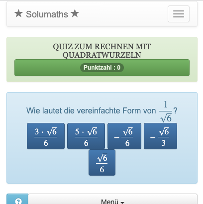 Dieses Quiz zu den mathematischen Funktionen dient zum Üben des Umgangs mit der Quadratwurzelberechnung.
