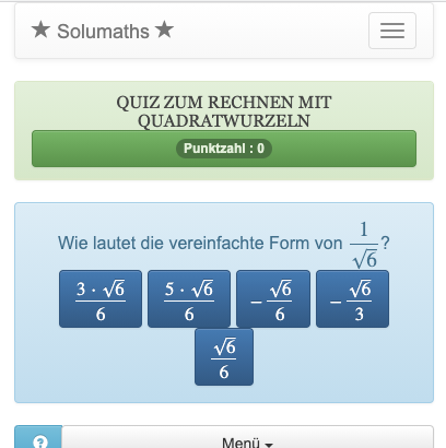 Dieses Quiz zu den mathematischen Funktionen dient zum Üben des Umgangs mit der Quadratwurzelberechnung.