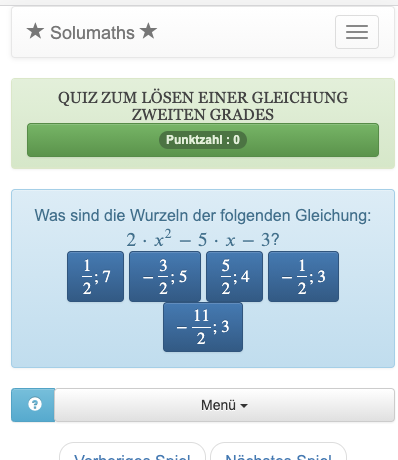 Dieses Quiz zu den Gleichungen zweiten Grades ermöglicht das Üben der Auflösungsmethoden, die auf der Verwendung der Diskriminante basieren.