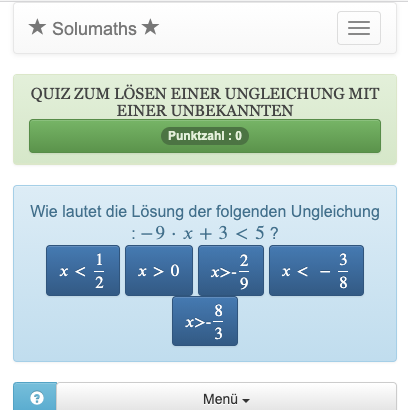 Mit diesem Mathe-Quiz zu Ungleichungen können Sie das Lösen verschiedener Arten von Ungleichungen mit einer Unbekannten üben.