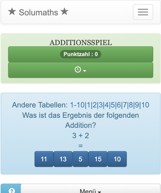 Mit diesem schnellen Rechenspiel können Kinder die Additionstabellen von 1 bis 20 überprüfen oder lernen, um zu gewinnen, müssen sie das Ergebnis einer Addition von ganzen Zahlen finden. Tabelle der 10.