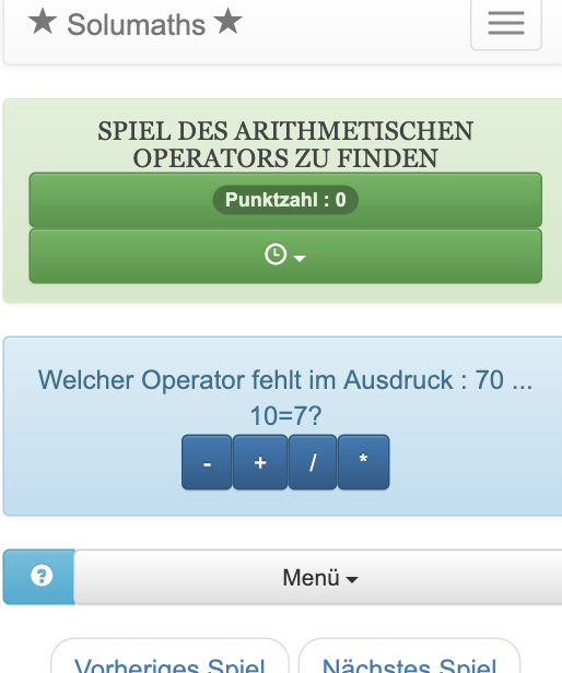 Der Zweck dieses arithmetischen Operationsspiels für Kinder ist es, einen mathematischen Ausdruck zu vervollständigen, indem man den entsprechenden arithmetischen Operator (+, -, *, /) wählt.