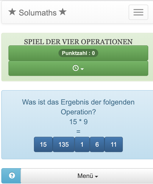 Dieses Online-Mentalarithmetikspiel ermöglicht es Kindern, Additionen, Subtraktionen, Multiplikationen und Divisionen zu überprüfen. Es hilft den Schülern, arithmetische Operationen zu erlernen.