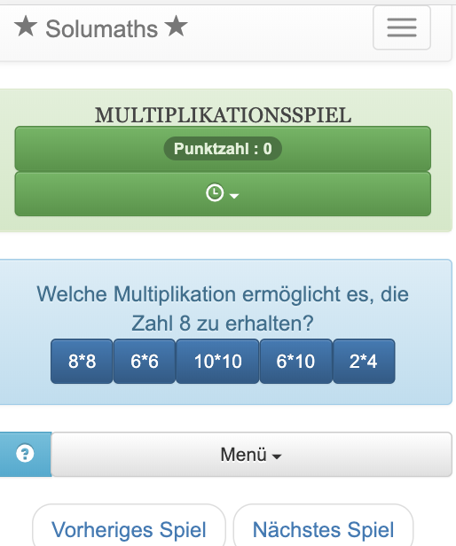 Um dieses Spiel über die Multiplikation zu spielen, wählen Kinder aus einer Liste die Multiplikation aus, die es ihnen ermöglicht, eine bestimmte Zahl zu berechnen. Dies ist eine gute Übung bei der Überarbeitung von Multiplikationstabellen.