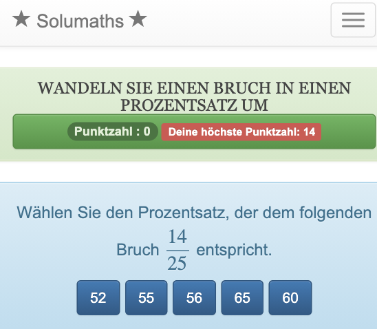 Bei diesem Spiel zur Umwandlung eines ganzen Bruchs in einen Prozentsatz müssen die Kinder die richtige Antwort aus einer Liste von Vorschlägen auswählen.