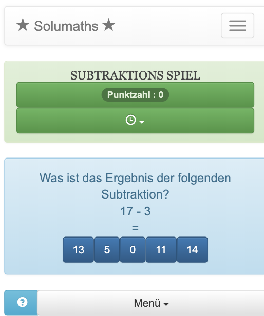Dieses Spiel ermöglicht das Lernen und Training in Subtraktionen, es verwendet kleine ganze Zahlen, die die Praxis der mentalen Berechnung fördern.