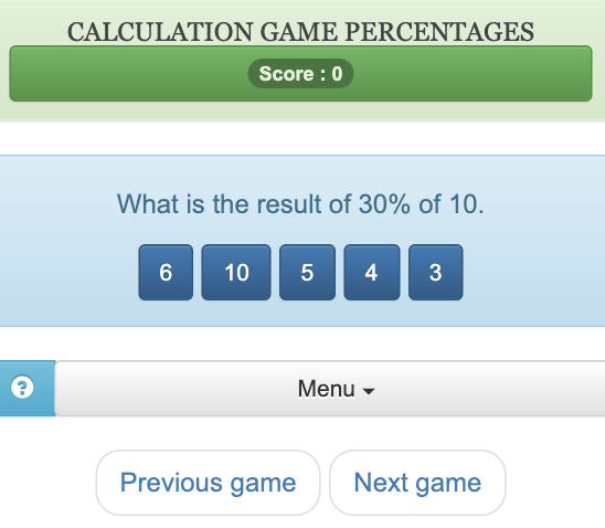 Para tener éxito en este juego sobre el cálculo del porcentaje de un número entero, los niños deben elegir la respuesta buena entre una lista de proposición
