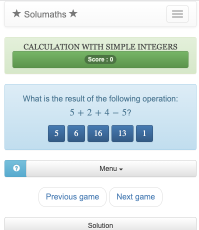 En este juego de cálculo con números enteros, los niños tienen que encontrar la respuesta correcta en una lista de valores.