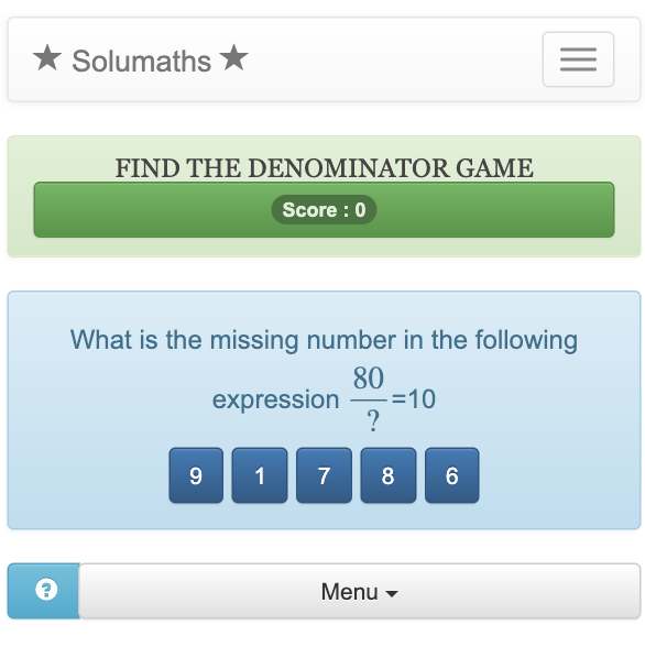 En este juego de fracciones, los niños deben completar una igualdad que incluya una fracción encontrando el denominador que falta en una lista.