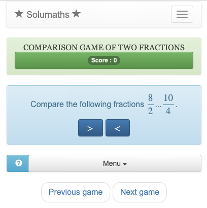 El objetivo de este juego de comparación de fracciones enteras es encontrar el operador (> o <) que debe colocarse entre las fracciones que se comparan.