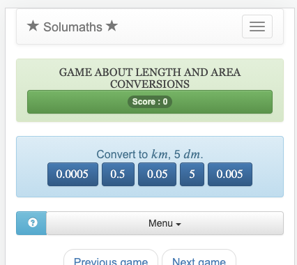 Este jogo matemático permite que você pratique a conversão de medidas de comprimento e área