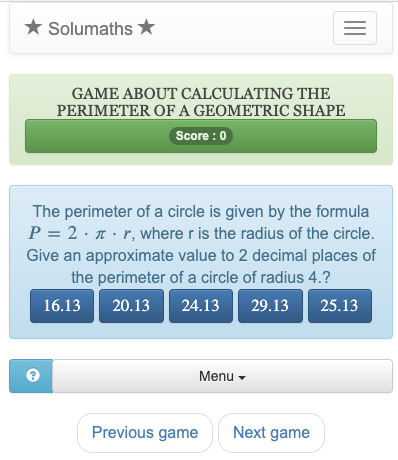 This game allows you to practice calculating perimeters on common shapes: square, rectangle, triangle, circle.
