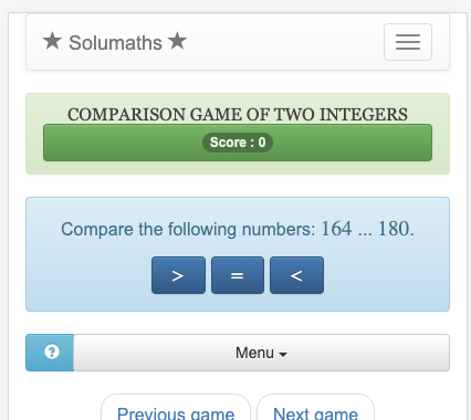 The goal of this integer comparison game is to find the operator (less than, greater than or equal to) to place between the numbers being compared. 
