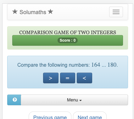 The goal of this integer comparison game is to find the operator (less than, greater than or equal to) to place between the numbers being compared.