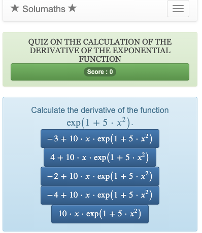 This quiz on the exponential function allows you to practice using the techniques of calculating derivatives.