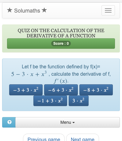 Este cuestionario sobre funciones matemáticas te permite practicar el uso de las técnicas de cálculo de las derivadas.
