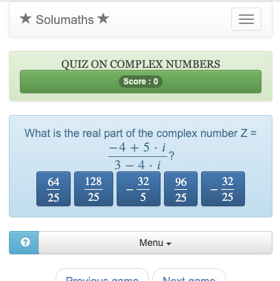 This quiz allows you to apply algebraic calculation techniques to complex numbers.