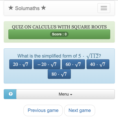 This math functions quiz provides practice in using square root calculation techniques.