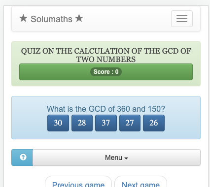 This Greatest Common Divisor quiz gives practice in calculating the GCD of two integers.