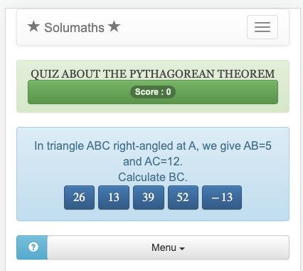 This quiz uses the Pythagorean theorem to calculate the hypotenuse of a right triangle.