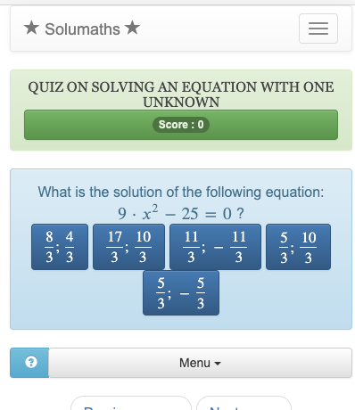 This quiz on equations allows to practice solving different types of equations with one unknown.