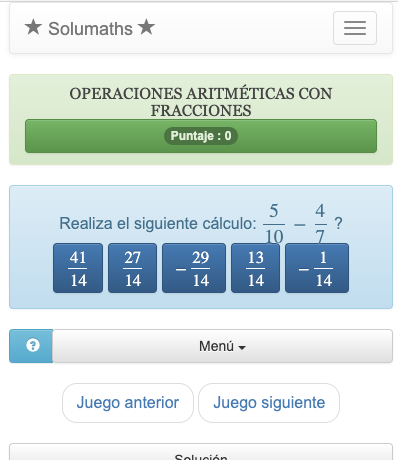 Este juego de matemáticas se basa en el cálculo de fracciones enteras. Para ganar este concurso, sólo tienes que encontrar el resultado de una operación entre dos fracciones.