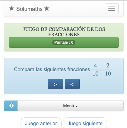 El objetivo de este juego de comparación de fracciones enteras es encontrar el operador (> o <) que debe colocarse entre las fracciones que se comparan.