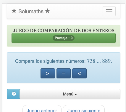 El objetivo de este juego de comparación es encontrar el operador (menor que, mayor que o igual que) que hay que colocar entre los números que se comparan.