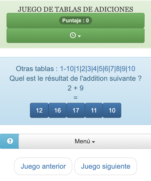 Este partido de cálculo rápido se utiliza online para revisar o aprender tablas de sumas del 1 al 20, el propósito de este juego es encontrar el resultado de una suma de números enteros.