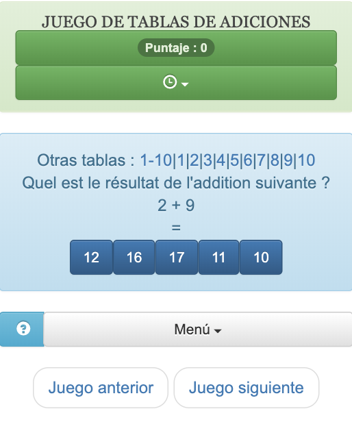 Este partido de cálculo rápido se utiliza online para revisar o aprender tablas de sumas del 1 al 20, el propósito de este juego es encontrar el resultado de una suma de números enteros. Tabla de 2.