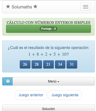 En este juego de cálculo con números enteros, los niños tienen que encontrar la respuesta correcta en una lista de valores.