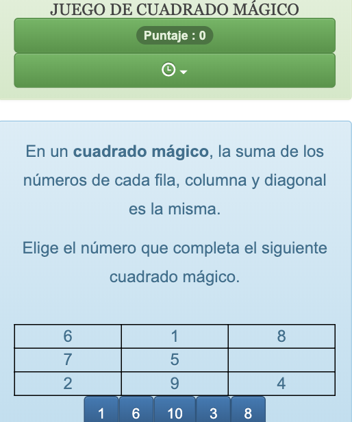 El objetivo de este juego es completar uno de los cuadrados vacíos de un cuadrado de números para que corresponda a un cuadrado mágico.