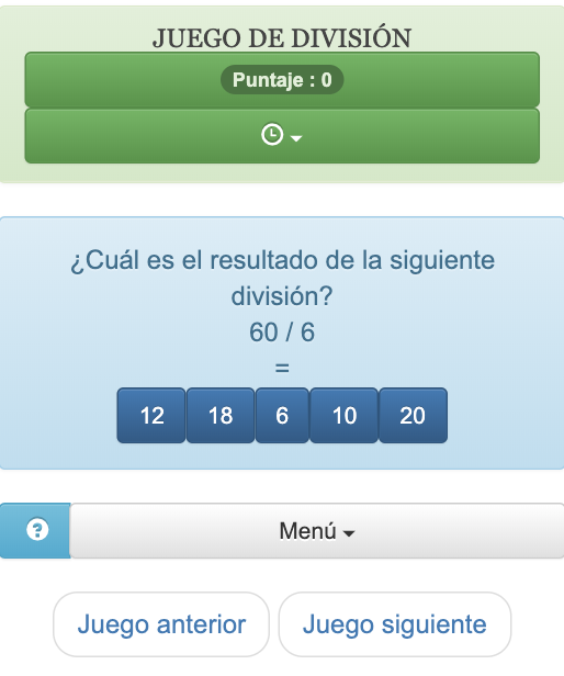 Este juego online te permite revisar divisiones enteras, el objetivo es encontrar el resultado de una división exacta entre dos enteros.