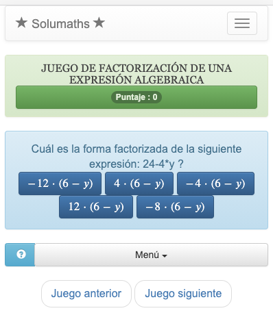 El objetivo de este juego es factorizar una expresión algebraica. Para ganar este concurso, todo lo que tienes que hacer es encontrar la factorización correcta de la expresión en una lista.