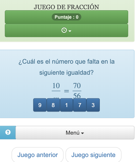 Juego de fracciones online, este juego te permite practicar el manejo de fracciones iguales y productos cruzados.